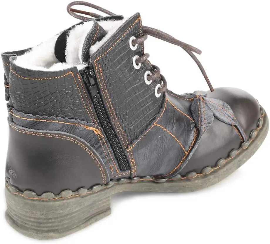 Faux Fur Lining Snow Boots Patchwork Washed Leather Shoes Lace-up Women's Ankle Boots