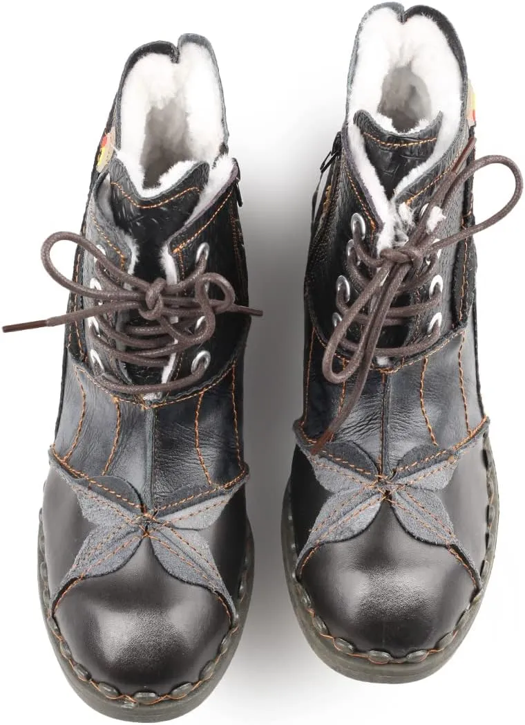 Faux Fur Lining Snow Boots Patchwork Washed Leather Shoes Lace-up Women's Ankle Boots