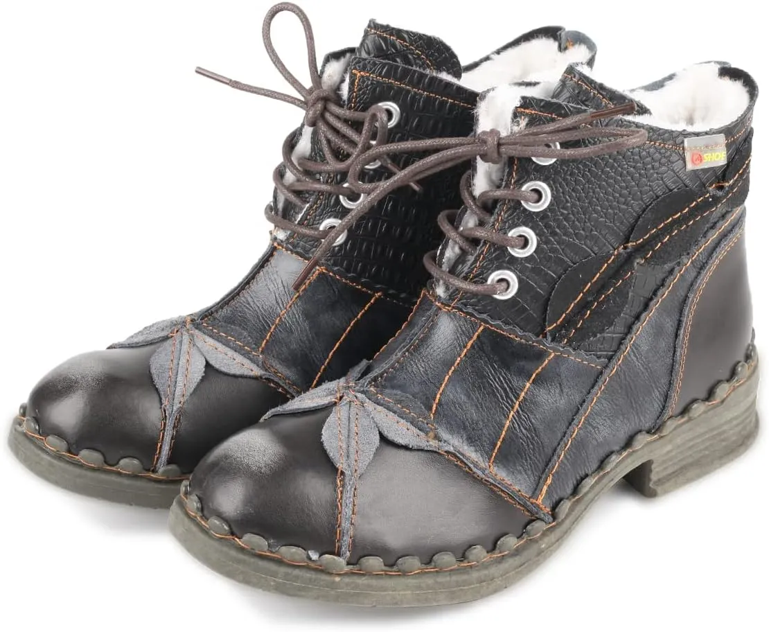 Faux Fur Lining Snow Boots Patchwork Washed Leather Shoes Lace-up Women's Ankle Boots