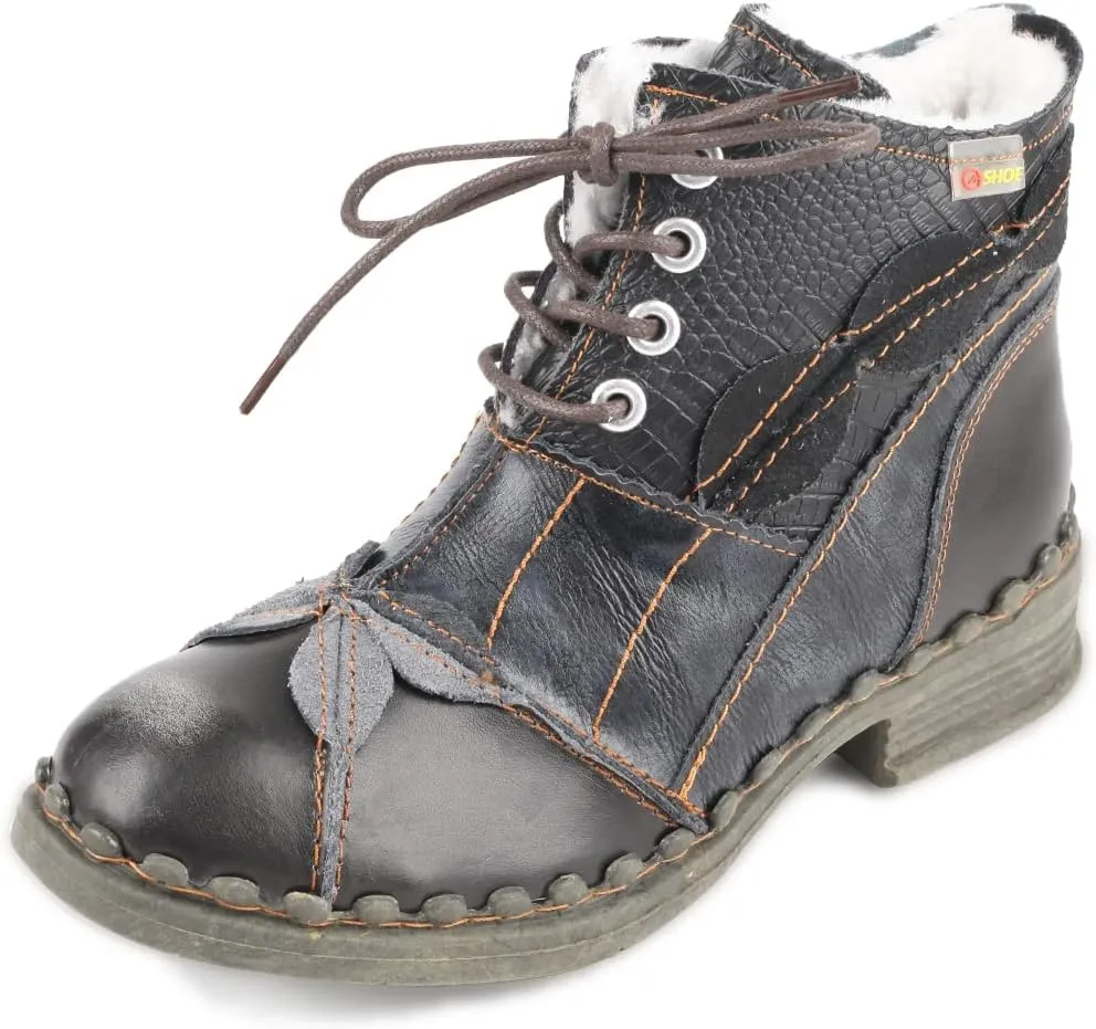 Faux Fur Lining Snow Boots Patchwork Washed Leather Shoes Lace-up Women's Ankle Boots