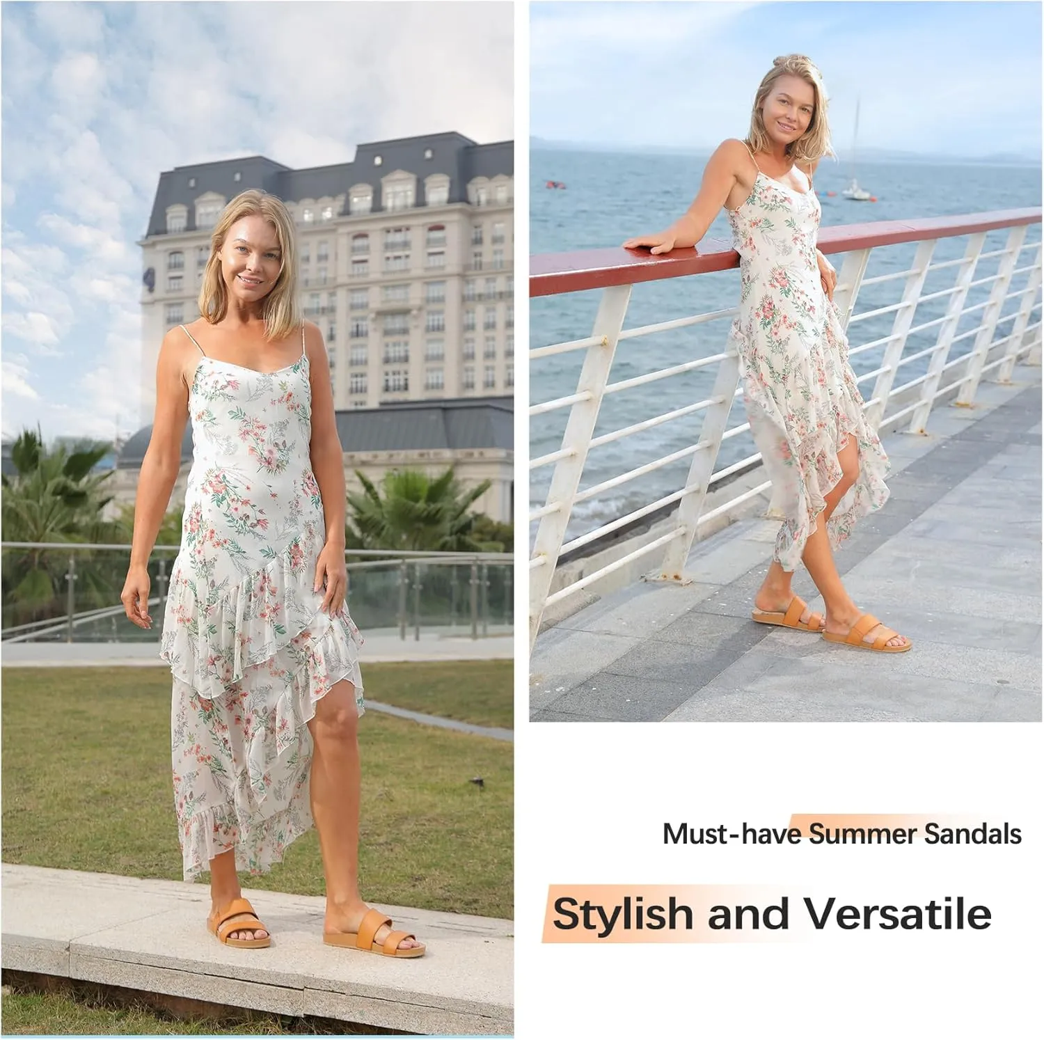 Flatform Platform Sandals Women Arch Support Beach Slides Orthotic Summer Causal Cork Footbed Adjustable Lightweight Thick Sole Comfortable Fashion Slip on Cushion Cute 2 Strap