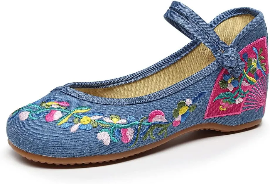 Floral Handmade Embroidered Shoes for Women Chinese Style Comfortable Loafers Shoes Casual Round Toe Walking Mary Jane Ballet Flats Shoes