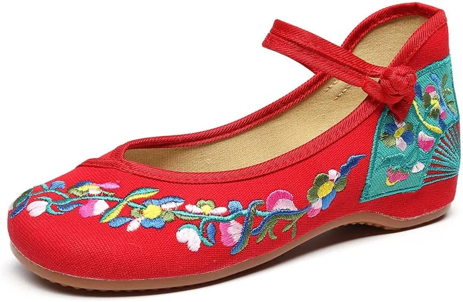 Floral Handmade Embroidered Shoes for Women Chinese Style Comfortable Loafers Shoes Casual Round Toe Walking Mary Jane Ballet Flats Shoes