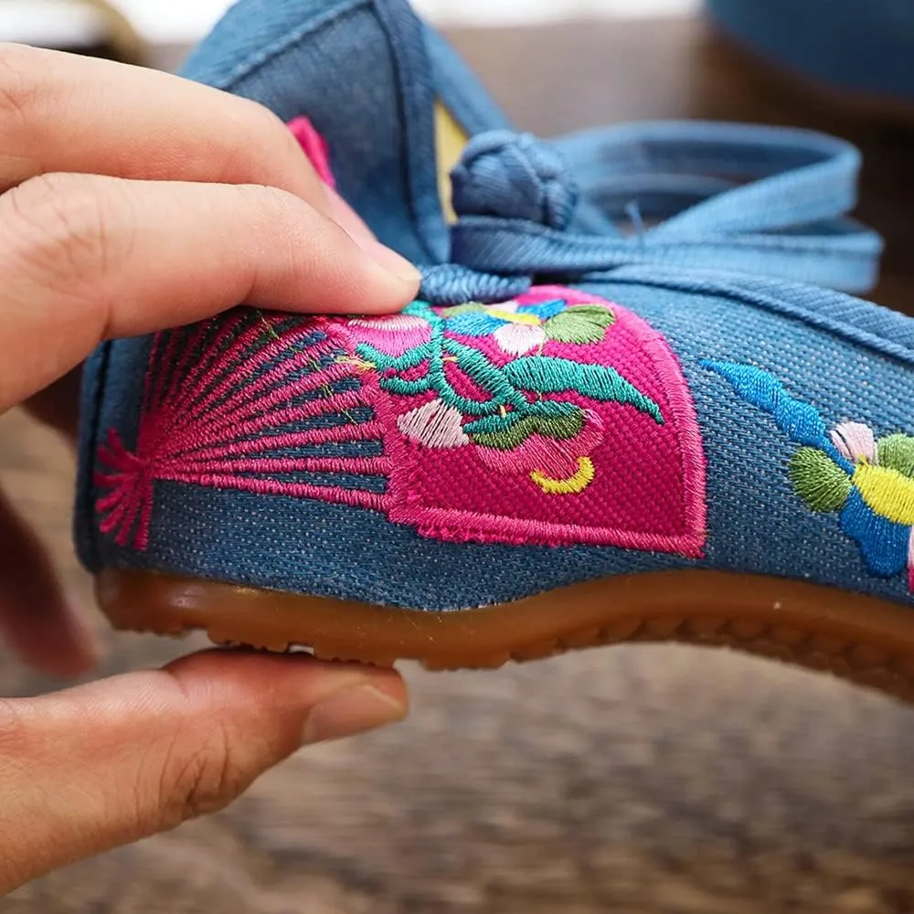 Floral Handmade Embroidered Shoes for Women Chinese Style Comfortable Loafers Shoes Casual Round Toe Walking Mary Jane Ballet Flats Shoes