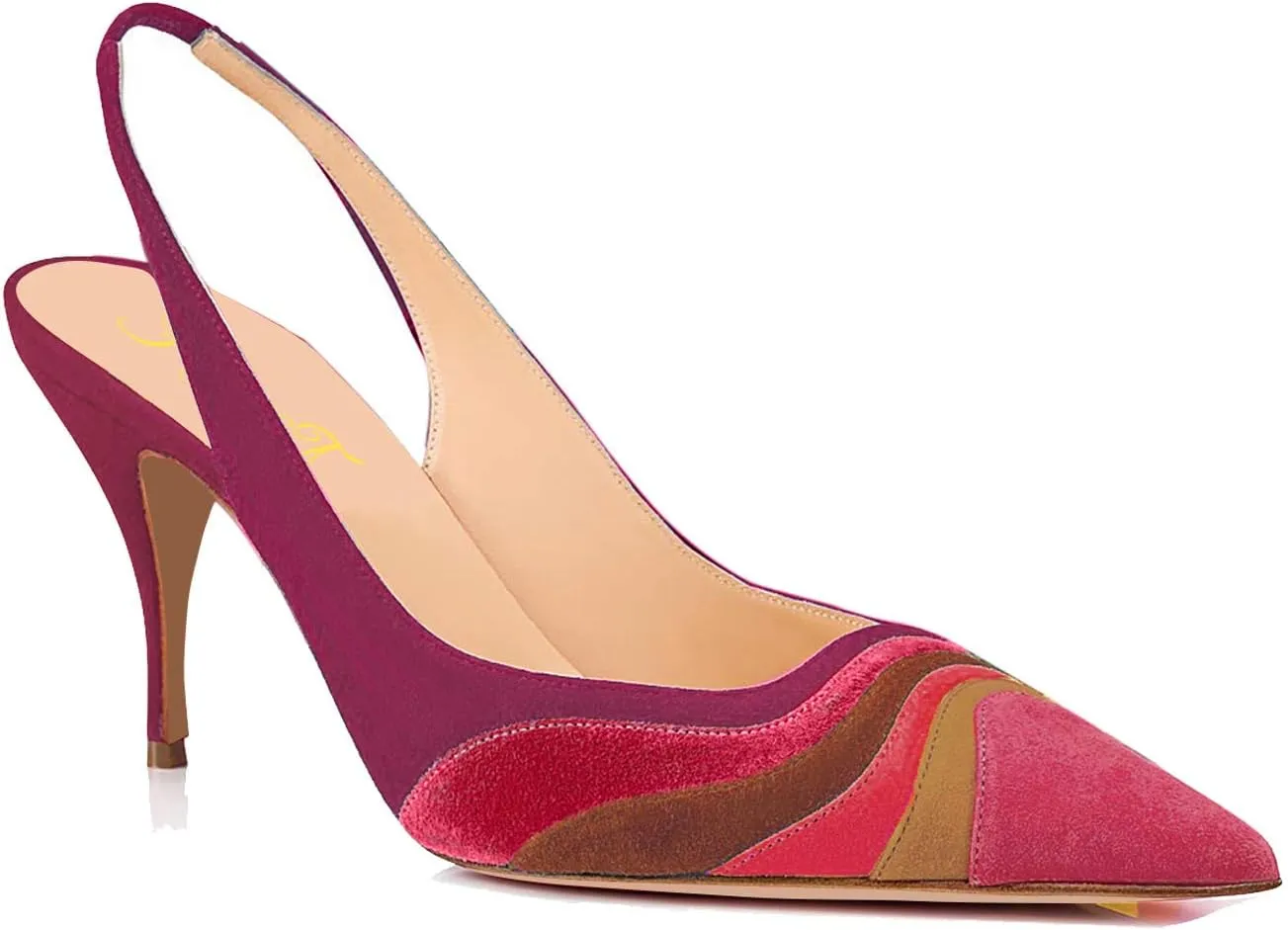 FOWT Women Pointed Toe Kitten Heeled Slingback Pumps Rainbow Color Stripes Elastic Band Mules Ladies Multicolored Slip on High Heel Sandals for Dress Date Prom 4-16