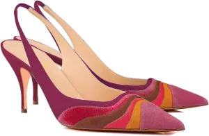 FOWT Women Pointed Toe Kitten Heeled Slingback Pumps Rainbow Color Stripes Elastic Band Mules Ladies Multicolored Slip on High Heel Sandals for Dress Date Prom 4-16