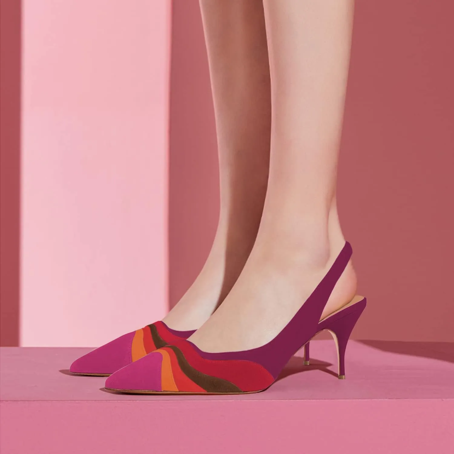 FOWT Women Pointed Toe Kitten Heeled Slingback Pumps Rainbow Color Stripes Elastic Band Mules Ladies Multicolored Slip on High Heel Sandals for Dress Date Prom 4-16