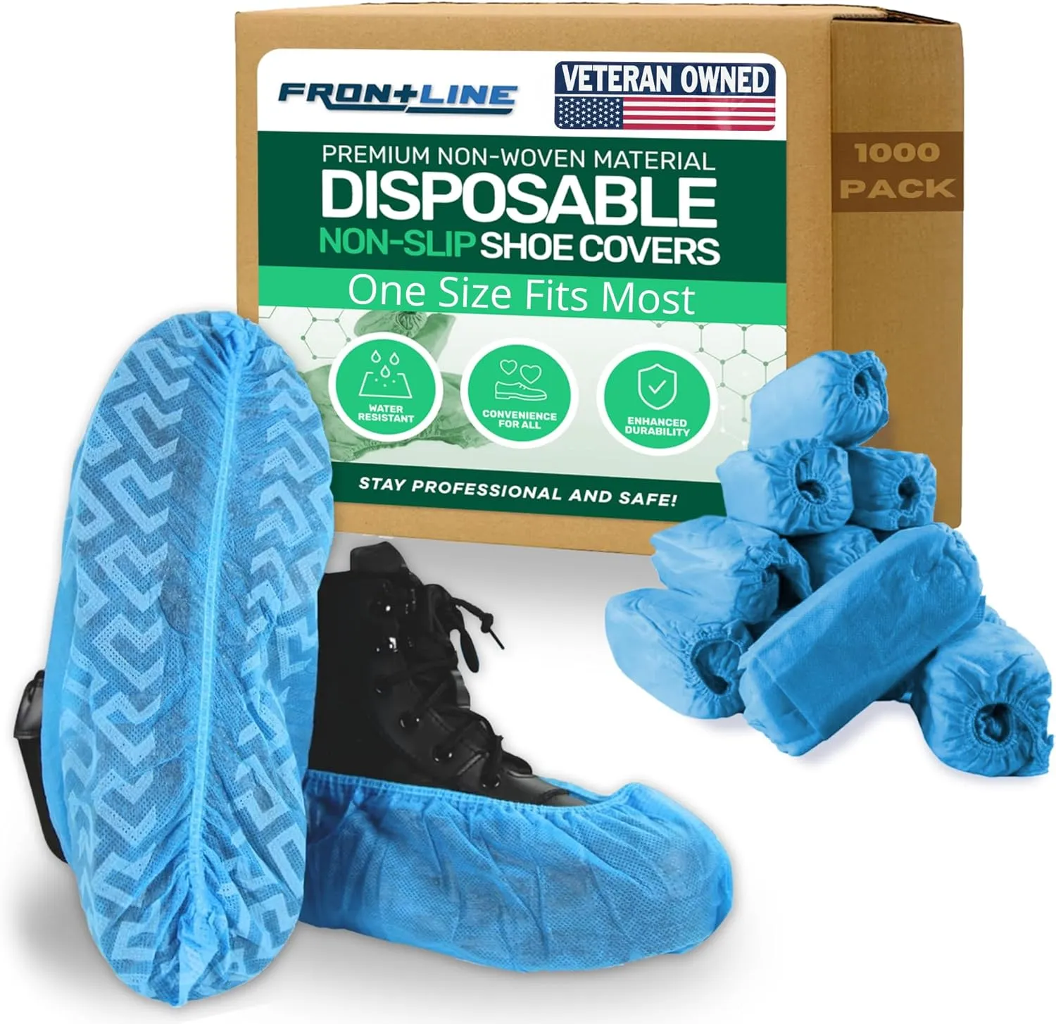 Frontline Disposable Shoe Covers Non-Slip – Premium Non-Woven, Durable, Booties Shoe Protectors – Water Resistant Thick Anti-Slip - One Size Fits Most, Indoor Use (1000 Pack)
