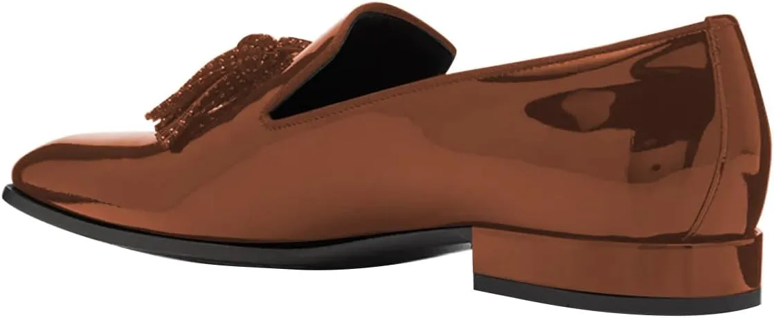 FSJ Men's Tassel Slip-on Loafers Square Toe Patent Leather & Velvet Formal Tuxedo Suit Flats Business Casual Dress Shoes Size 4-16 US