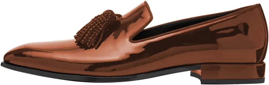 FSJ Men's Tassel Slip-on Loafers Square Toe Patent Leather & Velvet Formal Tuxedo Suit Flats Business Casual Dress Shoes Size 4-16 US