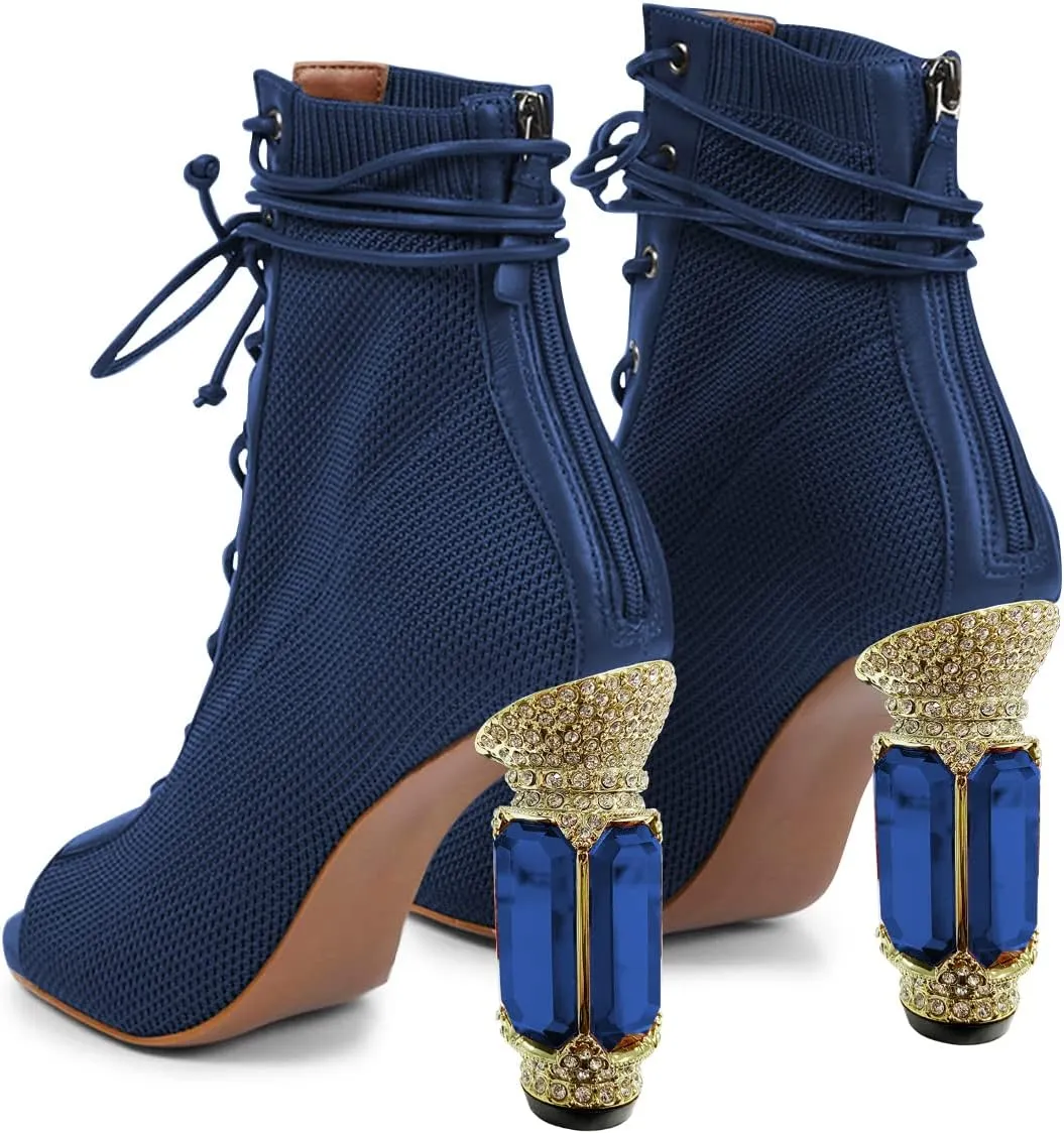 FSJ Women Open Peep Toe Ankle Boots Crystal High Heel Mesh Lace Up Booties Back Zipper Comfort Wedding Party Dress Pumps Shoes Size 4-15 US
