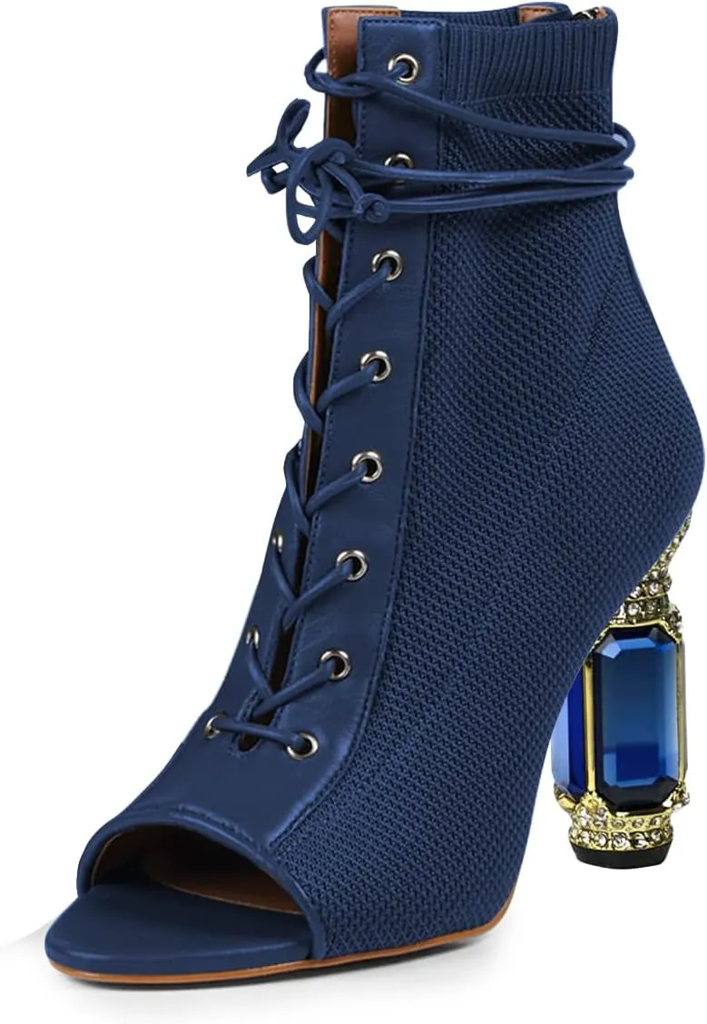 FSJ Women Open Peep Toe Ankle Boots Crystal High Heel Mesh Lace Up Booties Back Zipper Comfort Wedding Party Dress Pumps Shoes Size 4-15 US