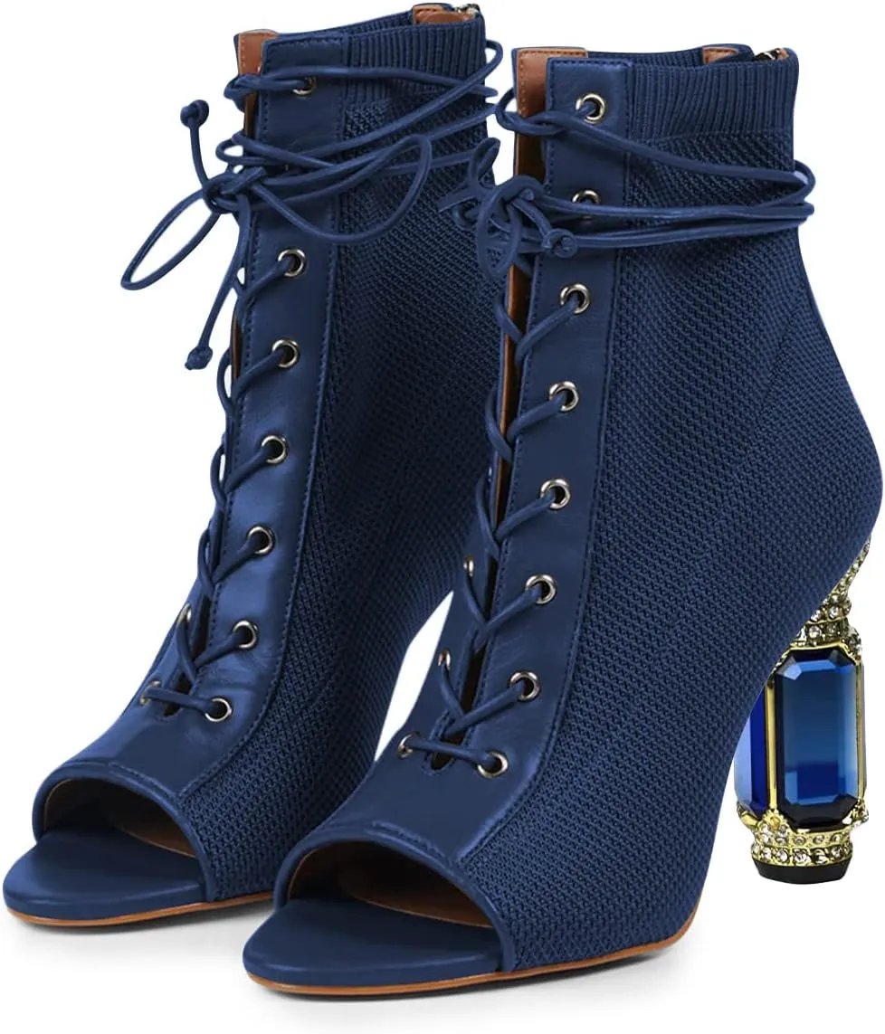 FSJ Women Open Peep Toe Ankle Boots Crystal High Heel Mesh Lace Up Booties Back Zipper Comfort Wedding Party Dress Pumps Shoes Size 4-15 US