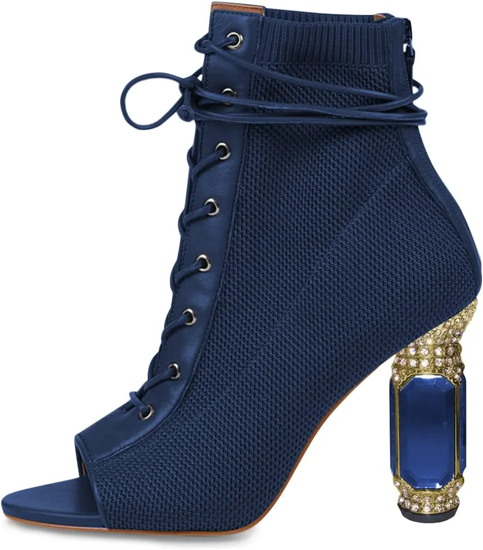 FSJ Women Open Peep Toe Ankle Boots Crystal High Heel Mesh Lace Up Booties Back Zipper Comfort Wedding Party Dress Pumps Shoes Size 4-15 US