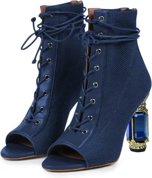 FSJ Women Open Peep Toe Ankle Boots Crystal High Heel Mesh Lace Up Booties Back Zipper Comfort Wedding Party Dress Pumps Shoes Size 4-15 US