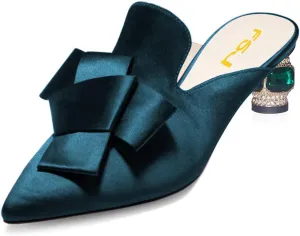 FSJ Women Retro Crystal Rhinestone Heeled Mules Pointed Toe Bows Slide Sandals Backless Emerald Bridal Wedding Dress Shoes Size 4-15 US