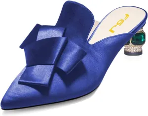 FSJ Women Retro Crystal Rhinestone Heeled Mules Pointed Toe Bows Slide Sandals Backless Emerald Bridal Wedding Dress Shoes Size 4-15 US