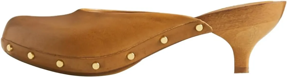 FSJ Women Retro Round Closed Toe Mules Wooden Kitten Heel Trendy Studded Slide Sandals Vintage Dressy Pumps Shoes Size 4-16 US