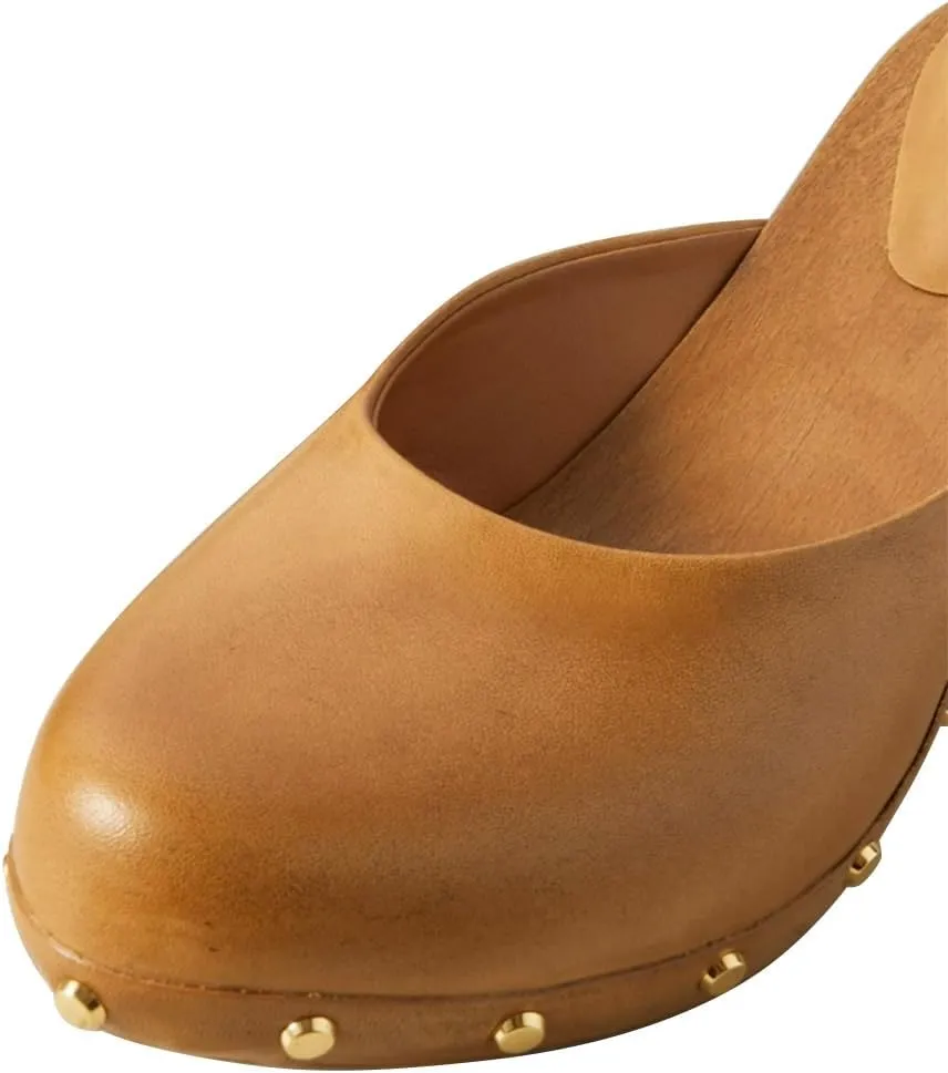 FSJ Women Retro Round Closed Toe Mules Wooden Kitten Heel Trendy Studded Slide Sandals Vintage Dressy Pumps Shoes Size 4-16 US