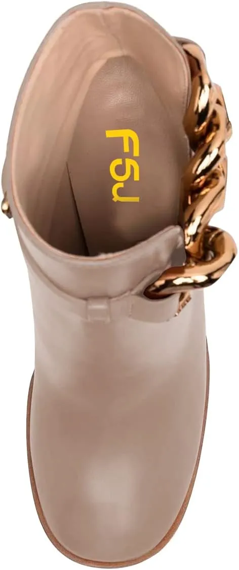 FSJ Women Side Cutout Pointed Toe Ankle Boots Block Stacked Chunky Heel Comfy Adjustable Chain Straps Buckle Fashion Booties Size 4-15 US
