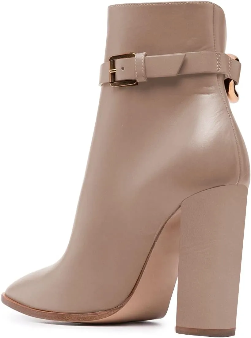 FSJ Women Side Cutout Pointed Toe Ankle Boots Block Stacked Chunky Heel Comfy Adjustable Chain Straps Buckle Fashion Booties Size 4-15 US
