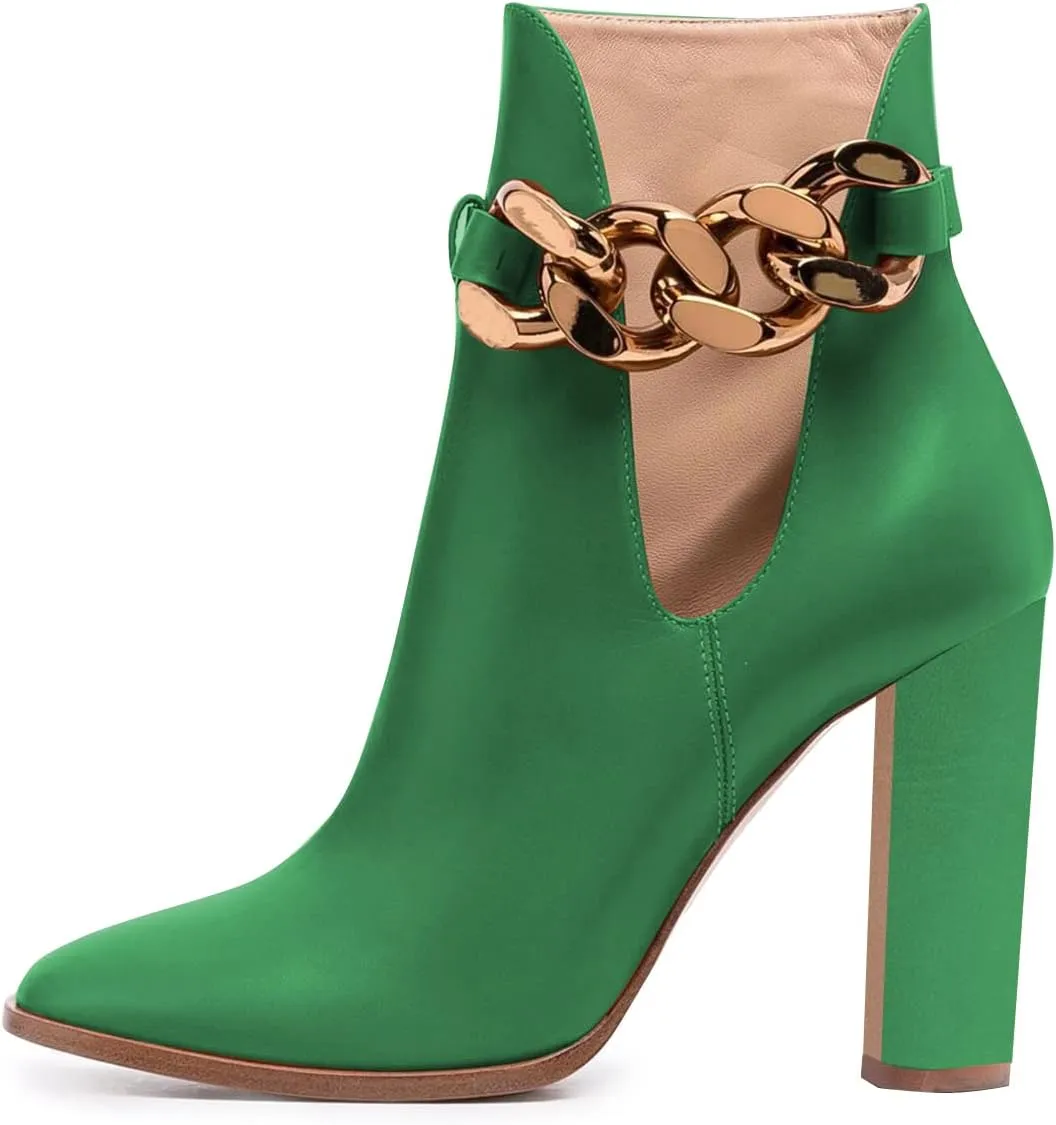 FSJ Women Side Cutout Pointed Toe Ankle Boots Block Stacked Chunky Heel Comfy Adjustable Chain Straps Buckle Fashion Booties Size 4-15 US