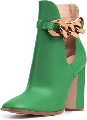 FSJ Women Side Cutout Pointed Toe Ankle Boots Block Stacked Chunky Heel Comfy Adjustable Chain Straps Buckle Fashion Booties Size 4-15 US