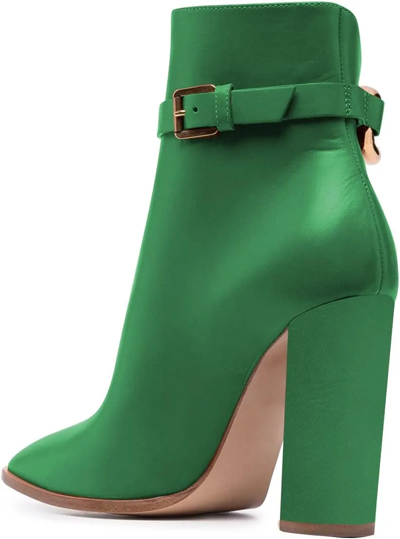 FSJ Women Side Cutout Pointed Toe Ankle Boots Block Stacked Chunky Heel Comfy Adjustable Chain Straps Buckle Fashion Booties Size 4-15 US