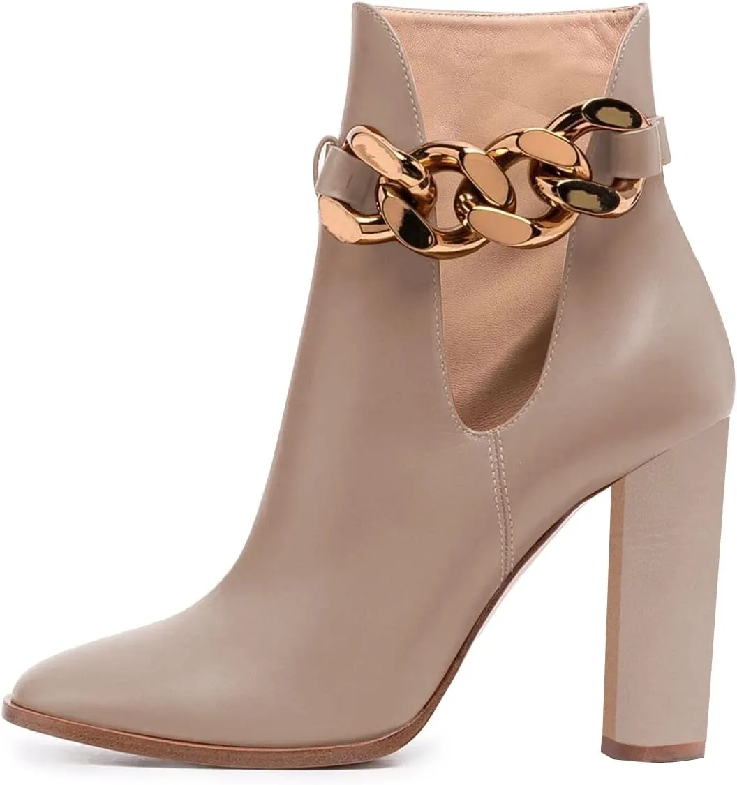 FSJ Women Side Cutout Pointed Toe Ankle Boots Block Stacked Chunky Heel Comfy Adjustable Chain Straps Buckle Fashion Booties Size 4-15 US