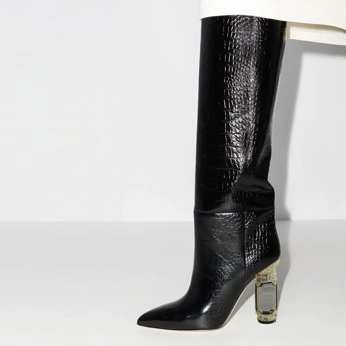 FSJ Women Trendy Studded Knee High Stretch Long Boots Pointed Toe Crystal Block Chunky Heel Comfort Winter Warm Faux Suede Pull On Shoes Size 4-15 US