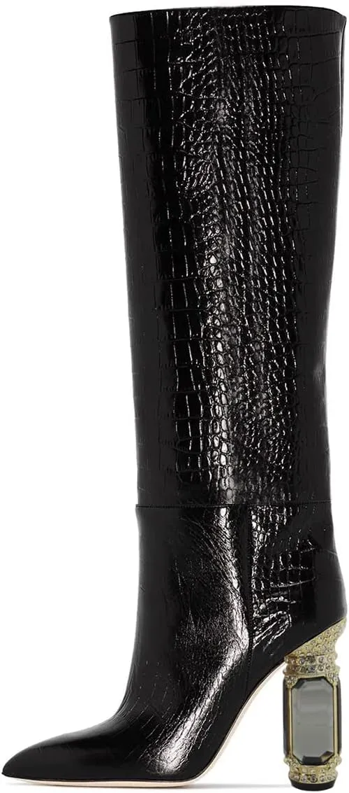 FSJ Women Trendy Studded Knee High Stretch Long Boots Pointed Toe Crystal Block Chunky Heel Comfort Winter Warm Faux Suede Pull On Shoes Size 4-15 US