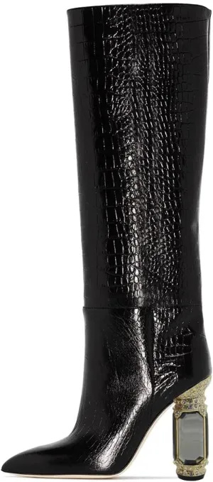 FSJ Women Trendy Studded Knee High Stretch Long Boots Pointed Toe Crystal Block Chunky Heel Comfort Winter Warm Faux Suede Pull On Shoes Size 4-15 US