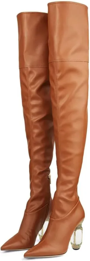 FSJ Women Winter Over The Knee Boots Crystal Chunky High Heel Stretch Thigh High Fashion Zipper Long Boots Warm Shoes Size 4-15 US