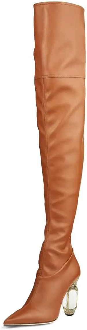 FSJ Women Winter Over The Knee Boots Crystal Chunky High Heel Stretch Thigh High Fashion Zipper Long Boots Warm Shoes Size 4-15 US