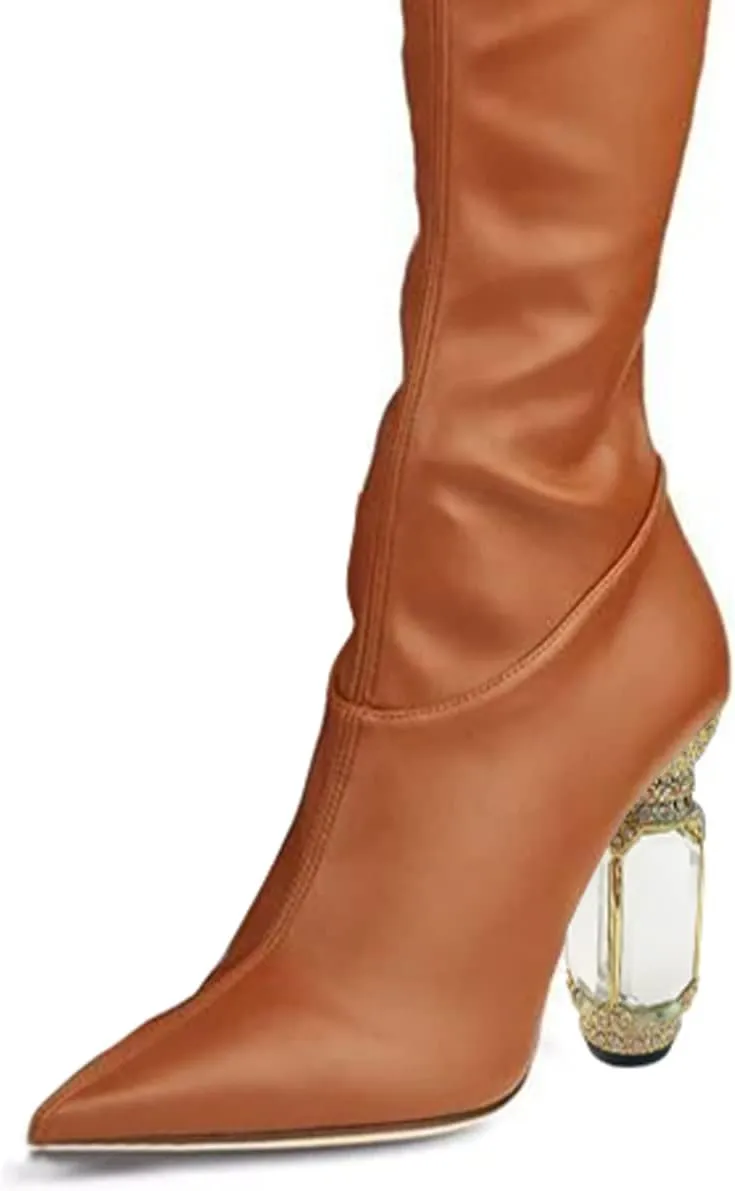 FSJ Women Winter Over The Knee Boots Crystal Chunky High Heel Stretch Thigh High Fashion Zipper Long Boots Warm Shoes Size 4-15 US