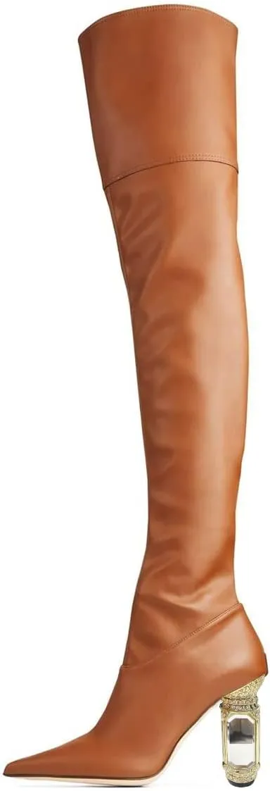 FSJ Women Winter Over The Knee Boots Crystal Chunky High Heel Stretch Thigh High Fashion Zipper Long Boots Warm Shoes Size 4-15 US