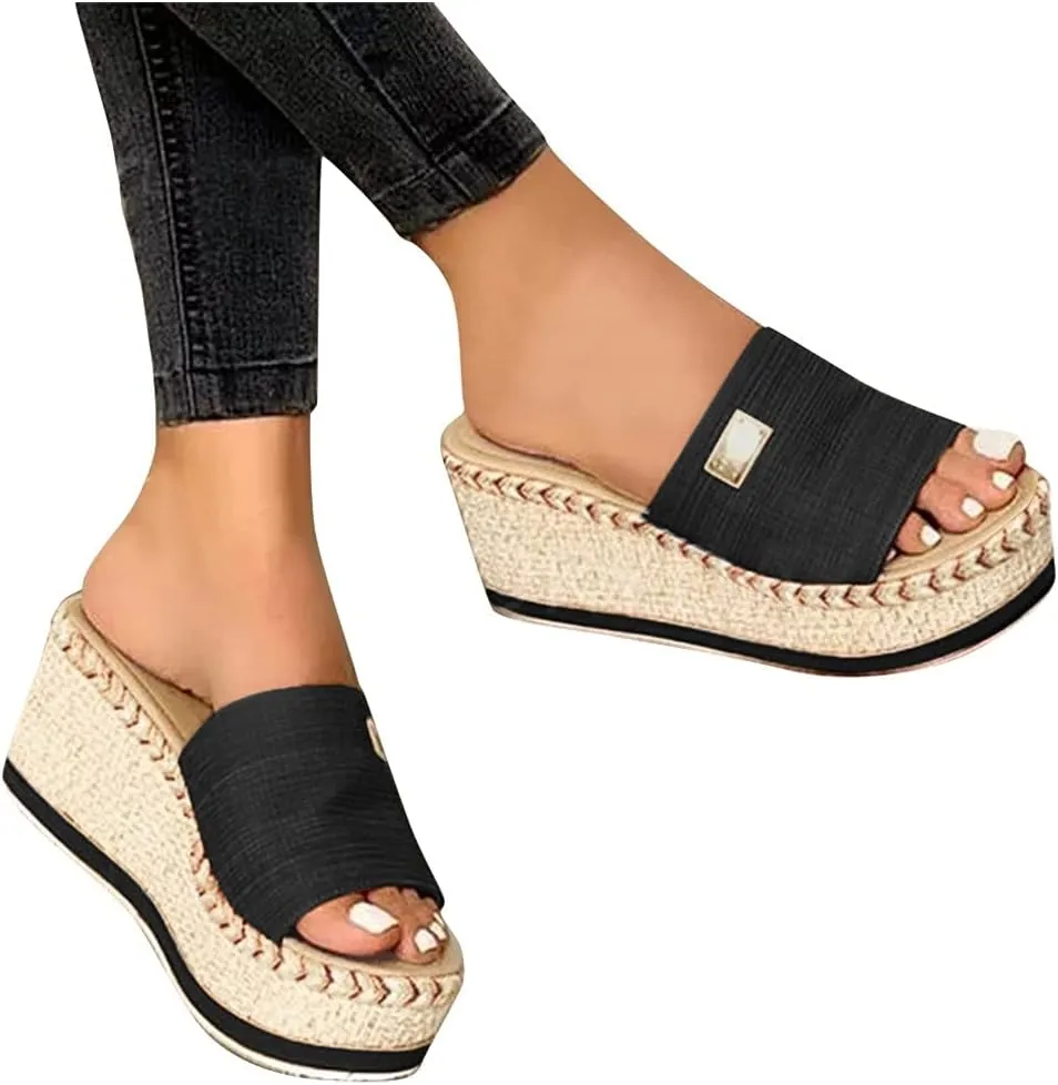 Fululuer Womens Espadrilles Sandals Open Toe Platform Slides Sandals Comfort Casual Flatform Slip on Sandals Slippers Wide Width Sandals Beach Sandals Casual Espadrille Slide On Platform Sandals