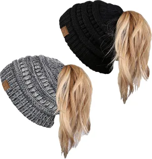 Funky Junque Women's Ponytail Beanie Hat - Soft Ribbed Messy Bun Knit Cap - Solid, Confetti & Multi-Tone