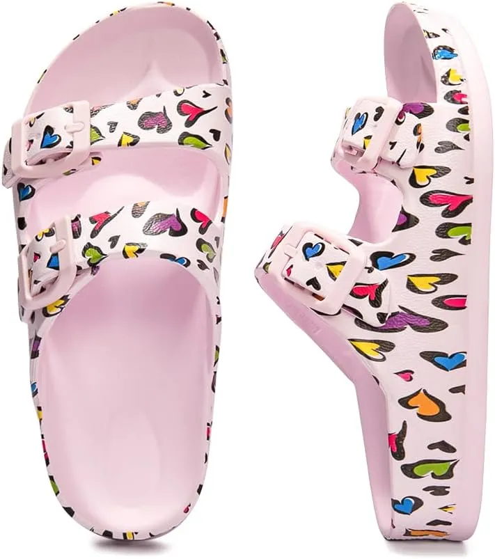 FUNKYMONKEY Unisex-Child Slides Double Buckle Adjustable EVA Flat Sandals for Boys Girls