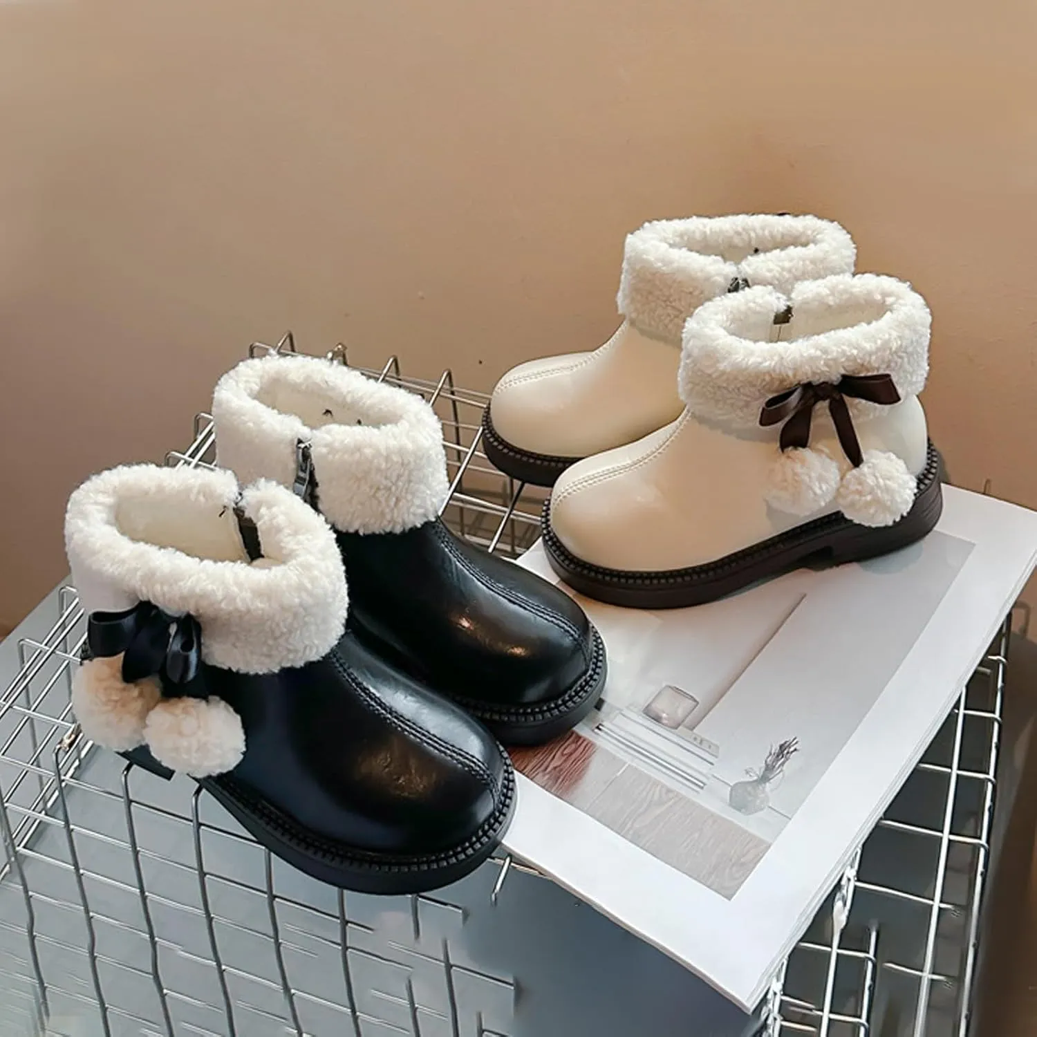 Fuzzy 𝗟ow Heel Booties For Girls Kids Leather Soft Sole Non Slip Shoes Childrens 𝐖aterproof Warm F𝘂r Snow Boots Comfy
