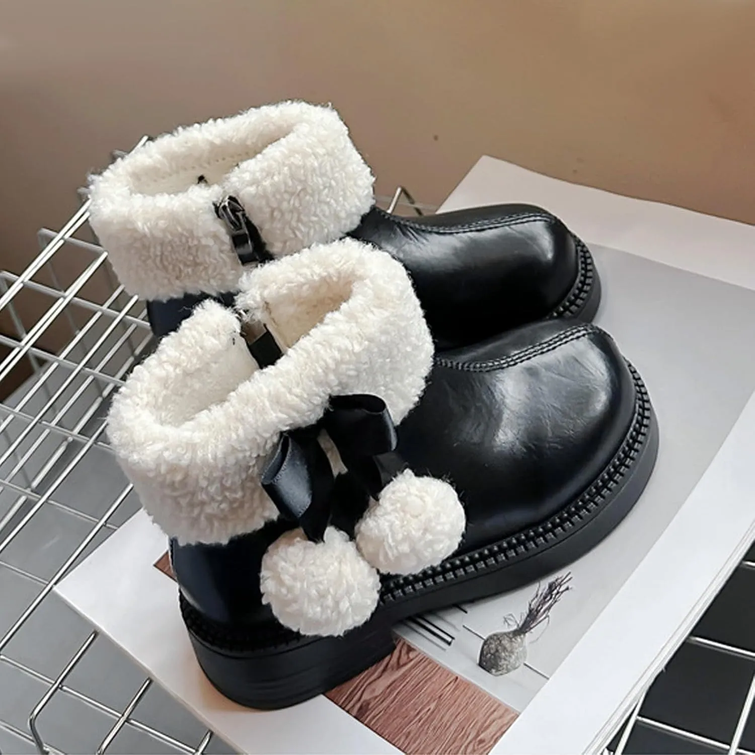 Fuzzy 𝗟ow Heel Booties For Girls Kids Leather Soft Sole Non Slip Shoes Childrens 𝐖aterproof Warm F𝘂r Snow Boots Comfy
