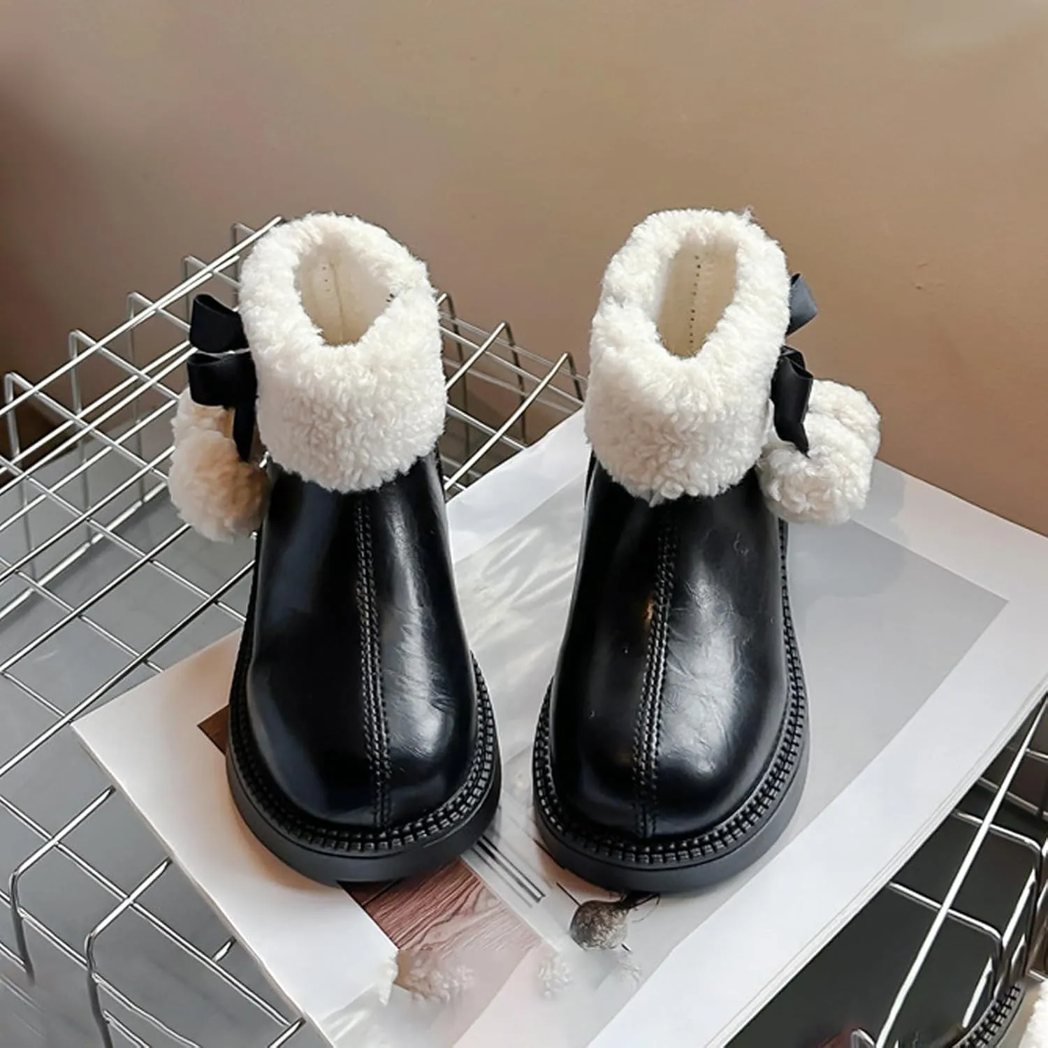 Fuzzy 𝗟ow Heel Booties For Girls Kids Leather Soft Sole Non Slip Shoes Childrens 𝐖aterproof Warm F𝘂r Snow Boots Comfy