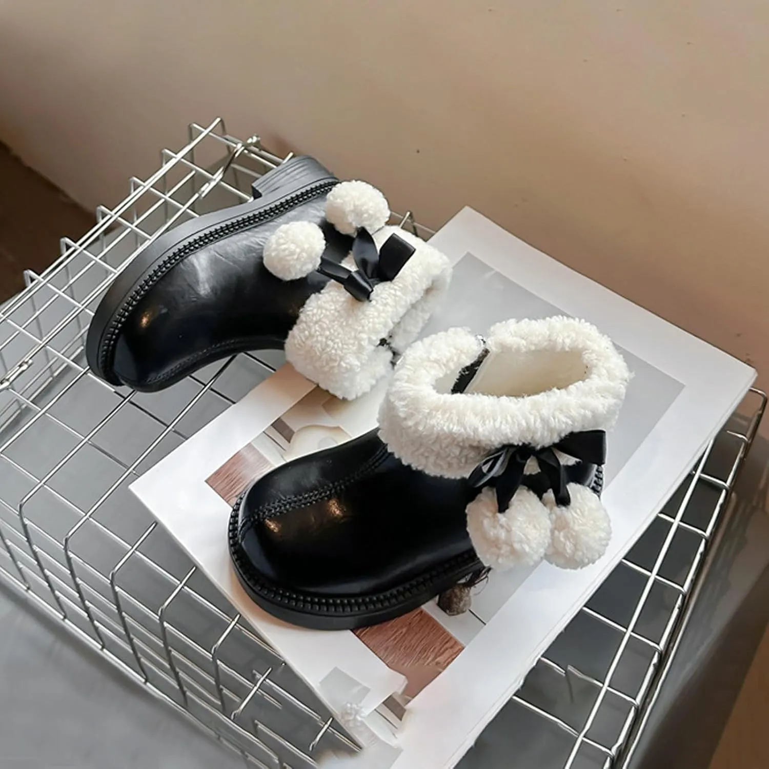 Fuzzy 𝗟ow Heel Booties For Girls Kids Leather Soft Sole Non Slip Shoes Childrens 𝐖aterproof Warm F𝘂r Snow Boots Comfy