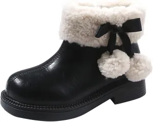 Fuzzy 𝗟ow Heel Booties For Girls Kids Leather Soft Sole Non Slip Shoes Childrens 𝐖aterproof Warm F𝘂r Snow Boots Comfy