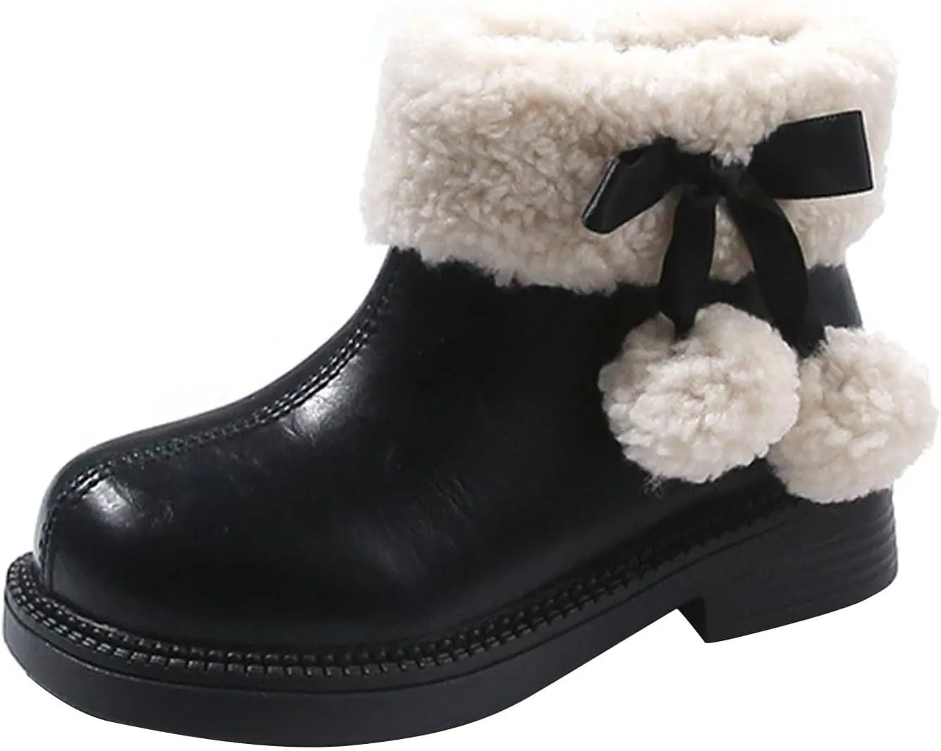 Fuzzy 𝗟ow Heel Booties For Girls Kids Leather Soft Sole Non Slip Shoes Childrens 𝐖aterproof Warm F𝘂r Snow Boots Comfy