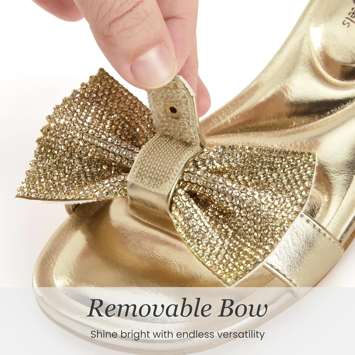 Girls Dress Shoes Sandal Heels Flower Girl Shoes with Removable Bow for Wedding Princess Party Little Big Kids White Silver Gold Pink Open-Toe Ankle Strap Dress Pumps Lightweight Comfortable Fashion
