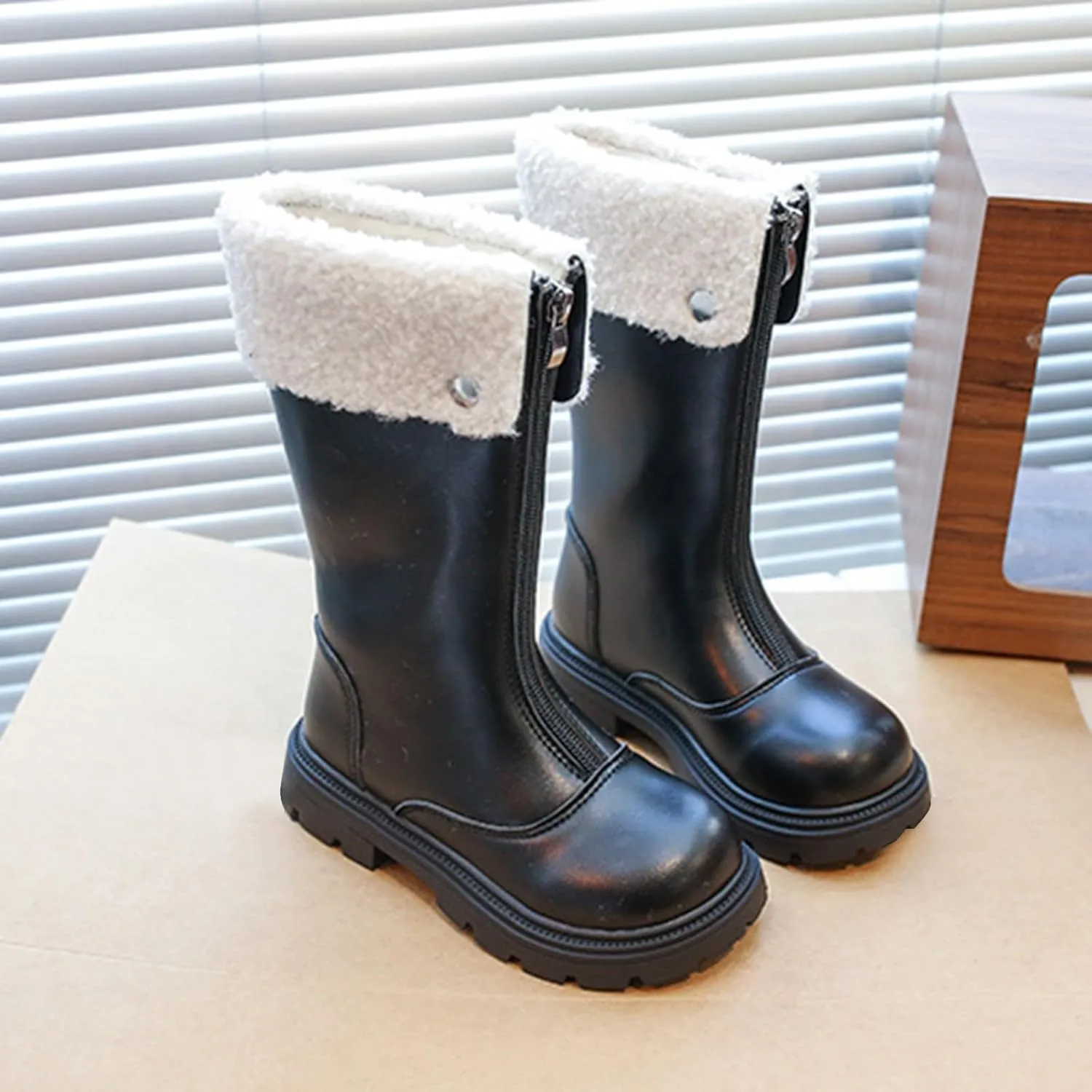 Girls Kids Leather 𝐖aterproof Boots Long Zipper Fuzzy Snow Shoes Outdoor Warm Thick Rubber Booties Comfy Sole Non Slip