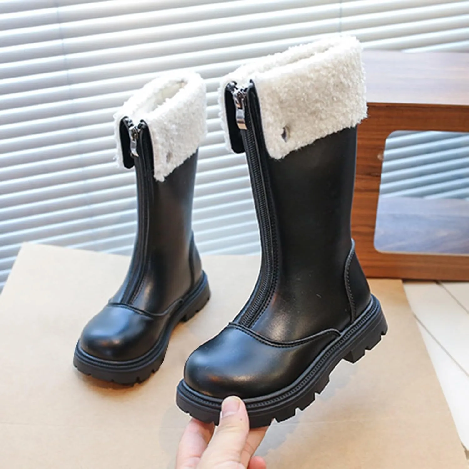 Girls Kids Leather 𝐖aterproof Boots Long Zipper Fuzzy Snow Shoes Outdoor Warm Thick Rubber Booties Comfy Sole Non Slip