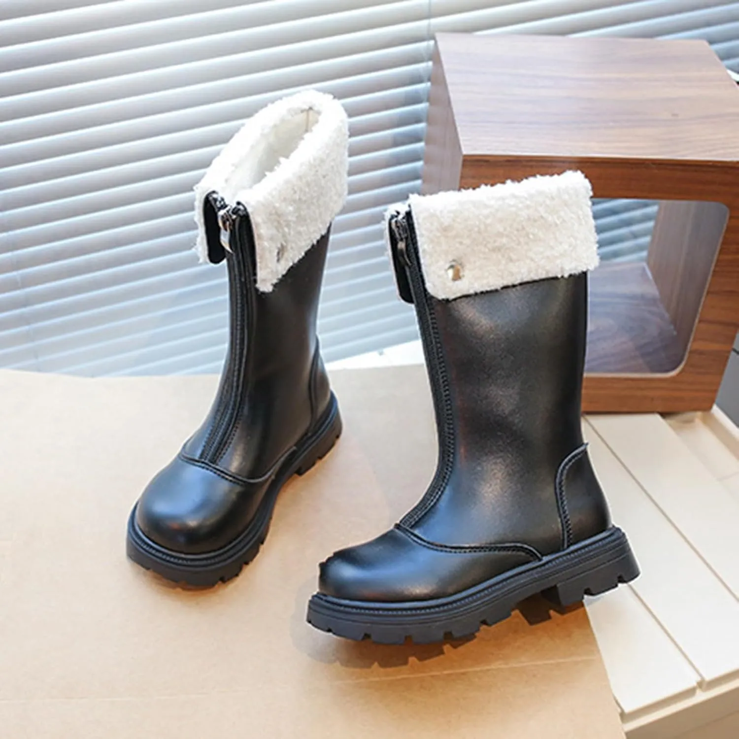 Girls Kids Leather 𝐖aterproof Boots Long Zipper Fuzzy Snow Shoes Outdoor Warm Thick Rubber Booties Comfy Sole Non Slip