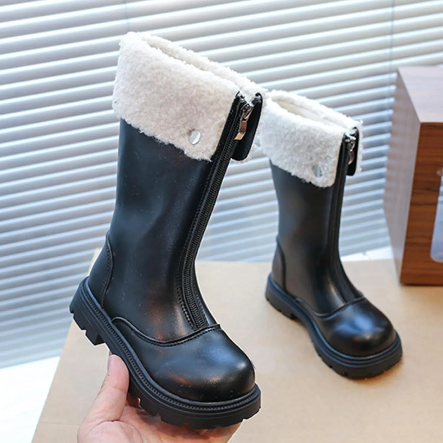 Girls Kids Leather 𝐖aterproof Boots Long Zipper Fuzzy Snow Shoes Outdoor Warm Thick Rubber Booties Comfy Sole Non Slip